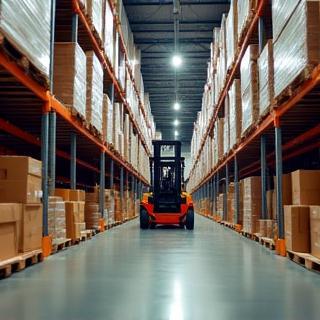 Warehouse interior with stacked boxes and a forklift.