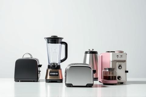 Arrangement of small kitchen appliances including a blender, toaster, and coffee maker.